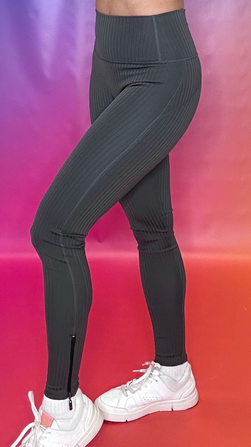 Side view of Enclave Leggings — sculpting fit and elegant ribbed texture