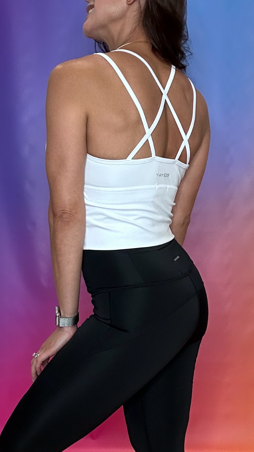 Side profile of Go Getter Bra in white — breathable and stylish activewear top