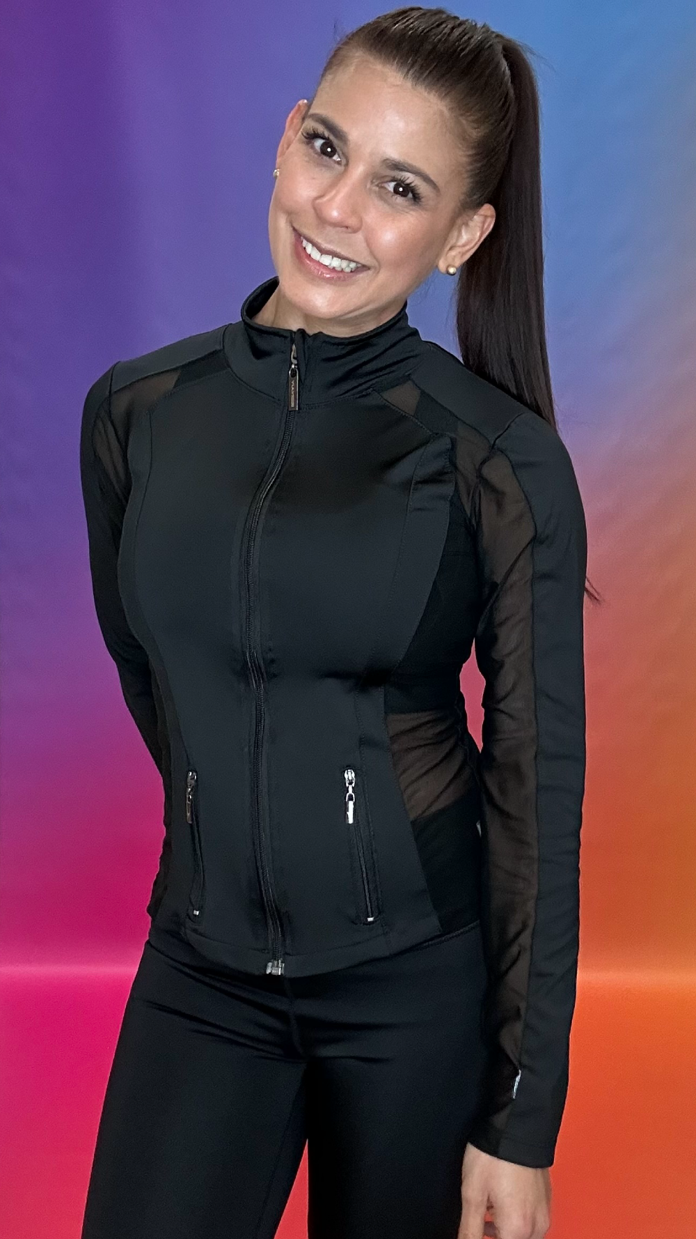 Front view of Go Getter Jacket — sleek gym to street zip-up jacket