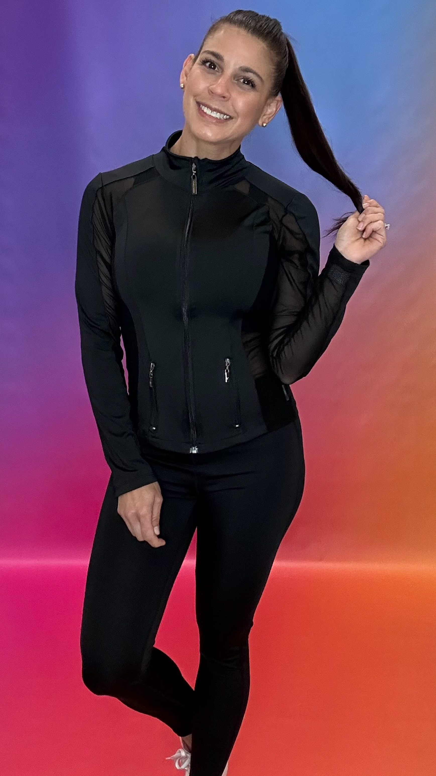 Full body Front view of Go Getter Jacket — sleek gym to street zip-up jacket