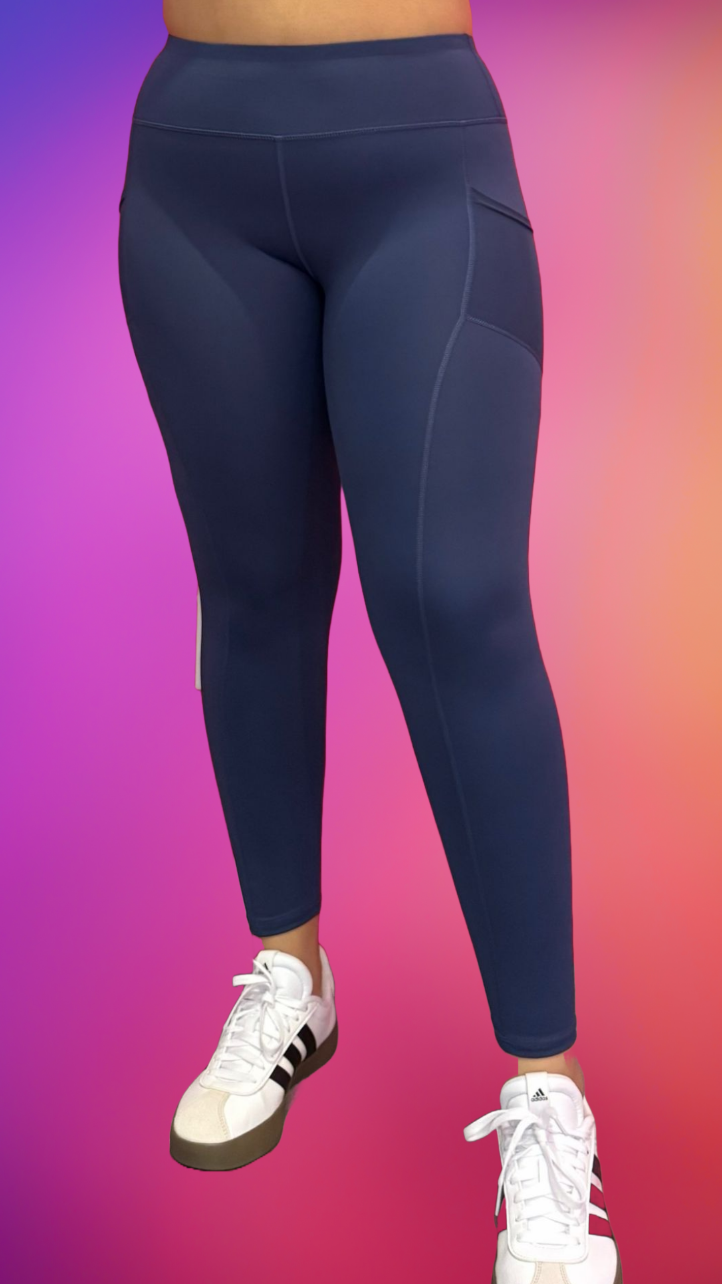 Front view of Synergy Leggings in navy — breathable moisture-wicking leggings