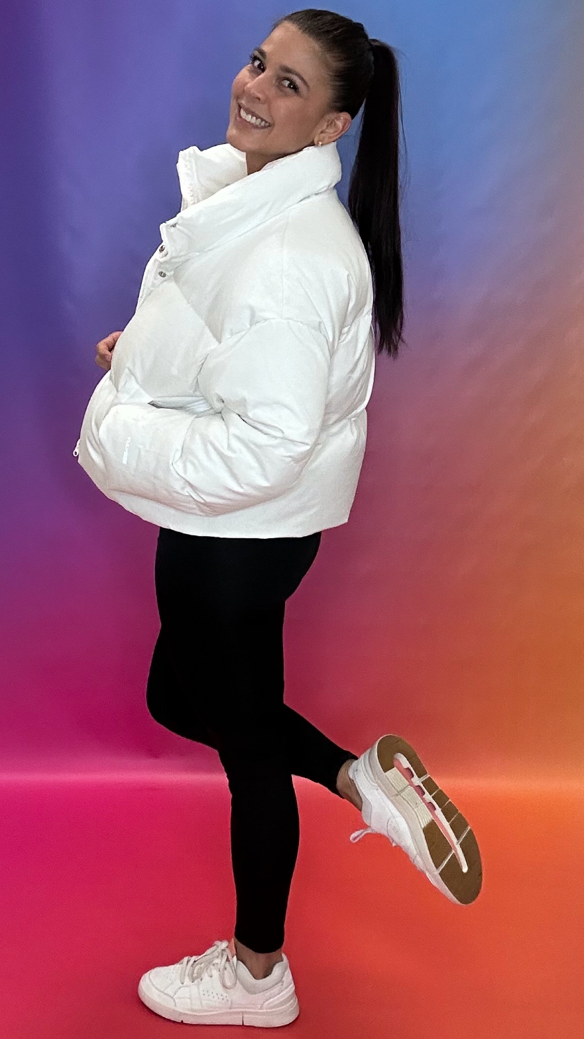 Trailblazer Jacket full body side  view — white cropped puffer by YULY360