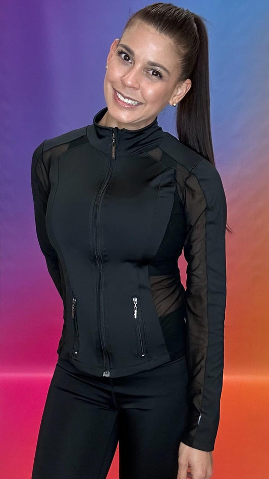 Front view of woman wearing the YULY360 Go Getter Jacket in black